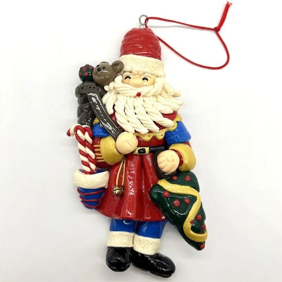 Vintage Santa Claus Christmas Ornament Glazed Clay Dough 5.5” Handmade Detailed - Picture 12 of 12